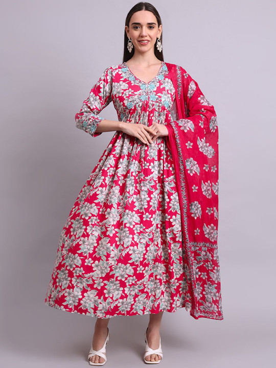 aayusika Floral Printed & Embroidered Work Anarkali Dress With Dupatta