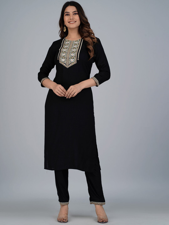 Mishree Collection Floral Embroidered Round Neck Straight Kurta With Trousers