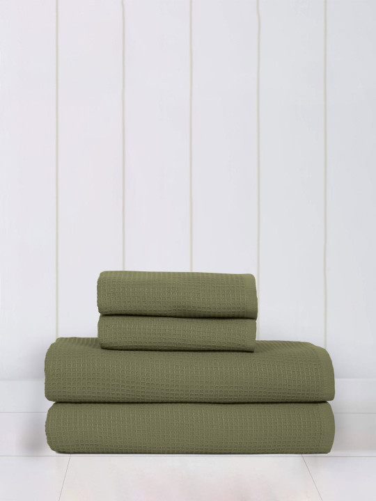 Mulberry Living 4Pcs Olive Green Solid Waffle Comfort Set of 2 Bath & 2 Hand Towels