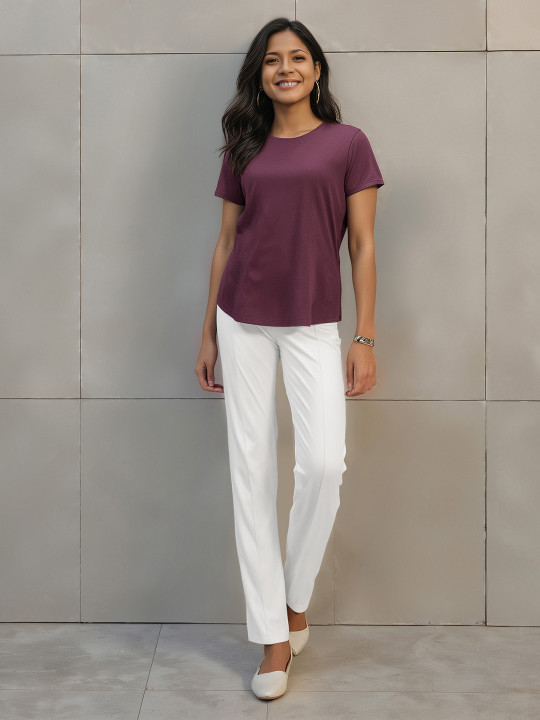Blissclub Women Solid Round Neck Cotton T-shirt