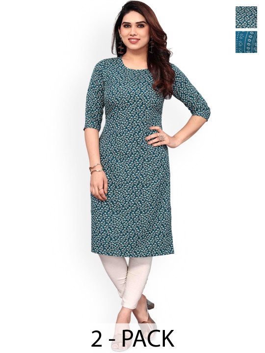 KETAKI FASHION Selection Of 2 Floral Printed Round Neck Straight Kurtas