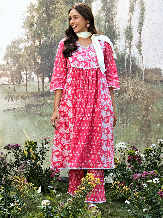 Libas Floral Printed Pleated Lace Work Kurta with Palazzos