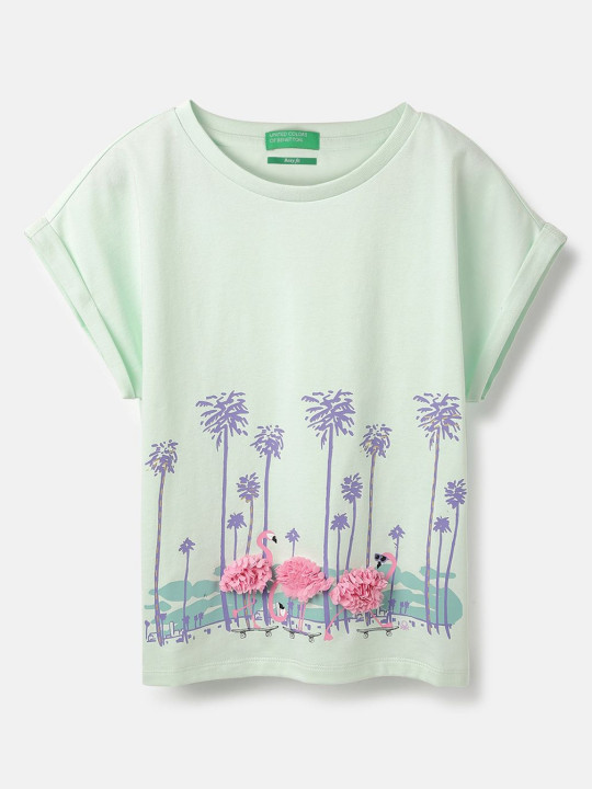 United Colors of Benetton Girls Graphic Printed Round Neck Pure Cotton Relaxed Fit T-shirt