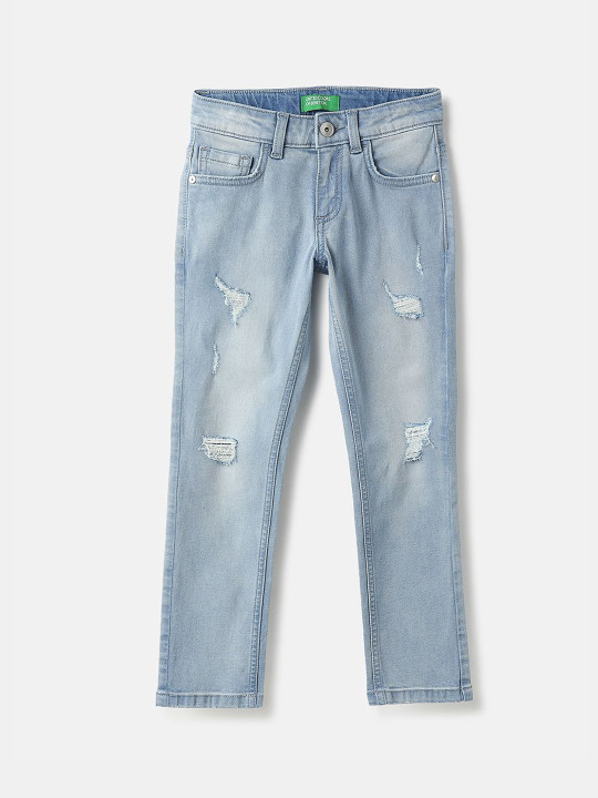 United Colors of Benetton Girls Mid-Rise Slim Fit Mildly Distressed Jeans