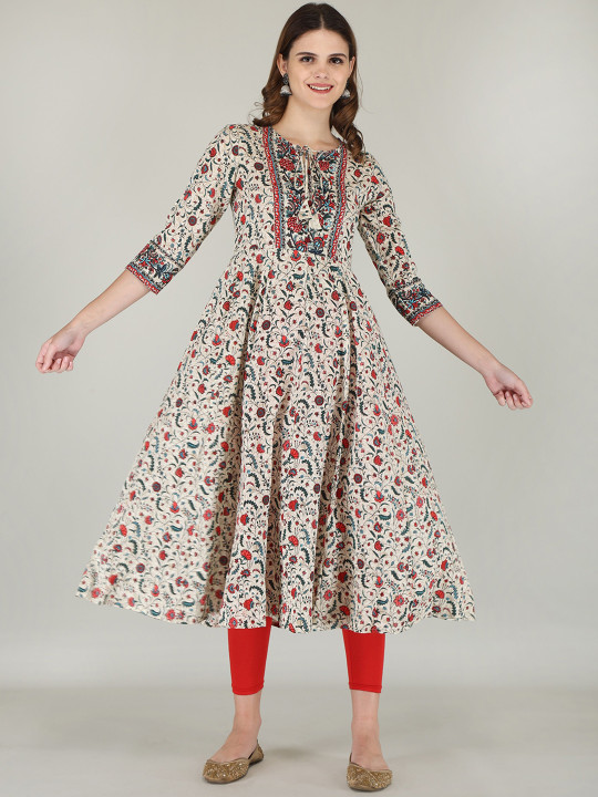 AJ ART Floral Printed Empire Tie-Up Neck Anarkali Kurta