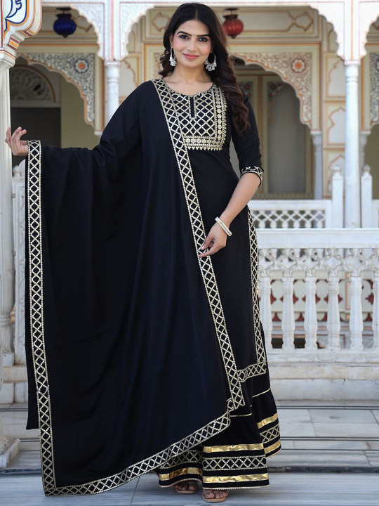 ELVISH JAIPUR Women Embroidered Regular Sequinned Kurta with Skirt & With Dupatta