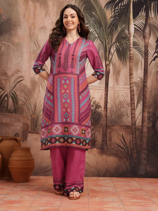 Sangria Women Ethnic Motifs Printed V-Neck Regular Kurta with Palazzos