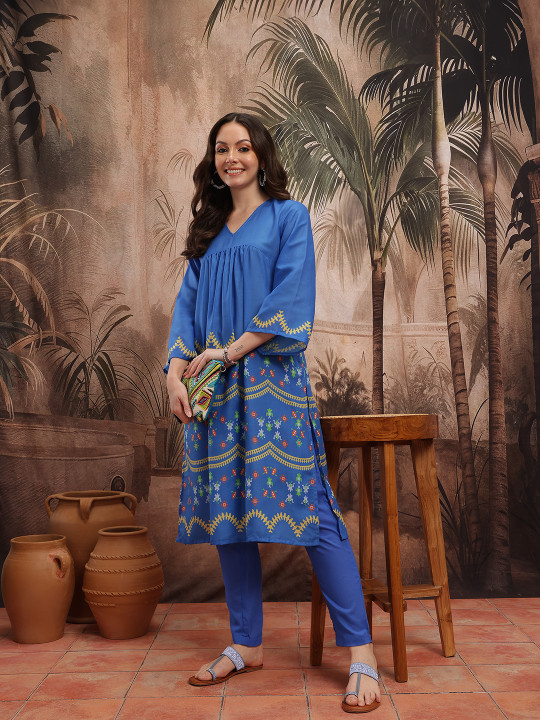 Sangria Printed Empire Kurta with Trousers