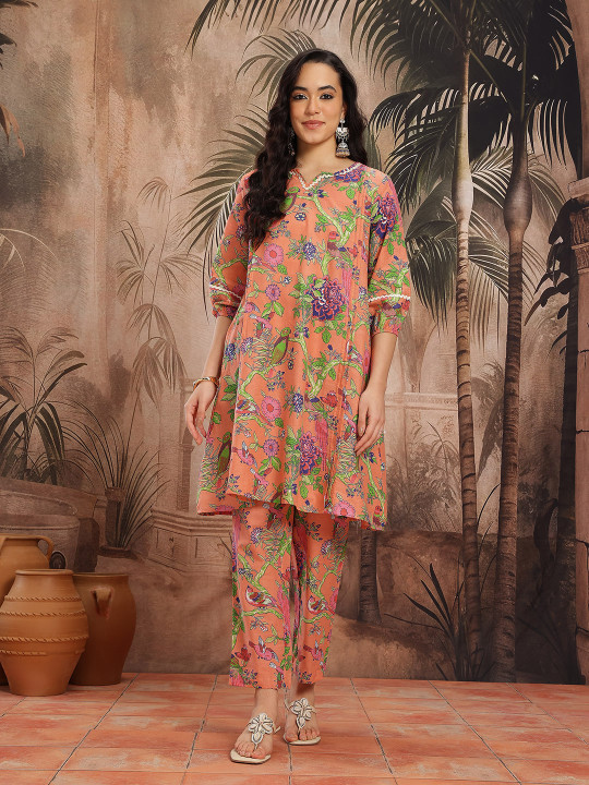 Sangria Floral Printed Lace Insert Detail Pure Cotton A-Line Kurta with Trousers