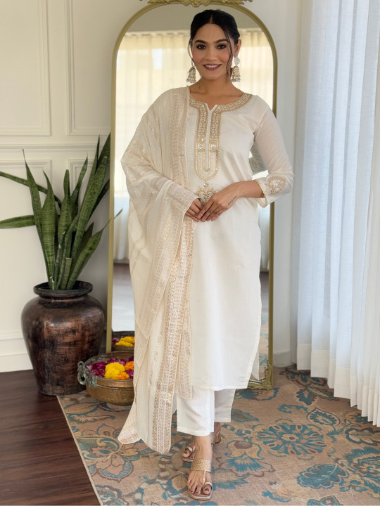 KALINI Floral Embroidered Notch Neck Sequinned Straight Kurta With Trousers And Dupatta