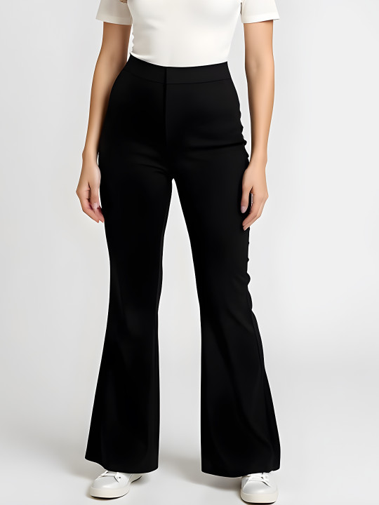 glitchez Women Self Striped Boot Cut Fit Stretchable Trousers