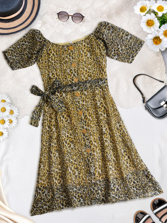 YK Girls Animal Printed A-Line Midi Dress