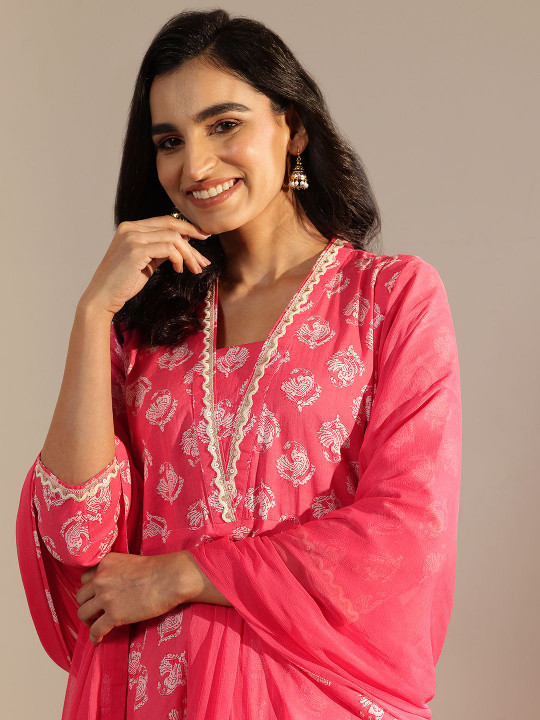 Libas Womens Peach Printed Cotton Anarkali Kurta With Churidar & Dupatta