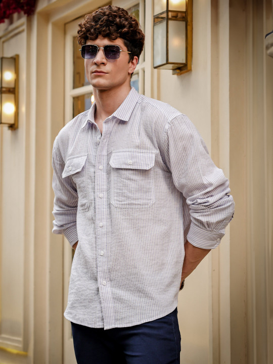 HERE&NOW Men Relaxed Fit Spread Collar Vertical Striped Cotton Casual Shirt