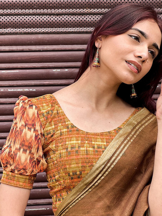 Bindigasm's Advi Printed Puff Sleeves Stretchable Slip-On Saree Blouse