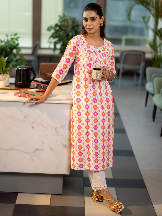 Gerua By Libas Ethnic Motifs Printed Thread Work Round Neck Straight Kurta