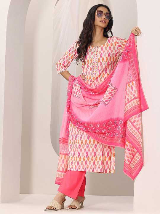 Libas Pink Abstract Printed Round Neck Sequinned Straight Kurta With Trousers & Dupatta