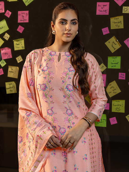 Libas Peach Floral Printed Keyhole Neck Straight Kurta With Salwar & Dupatta
