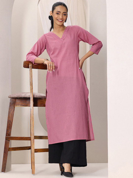 Libas Striped Thread Work V-Neck Straight Kurta