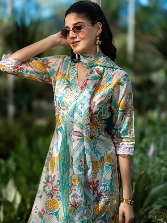 Libas White Floral Printed V-Neck Thread Work Straight Kurta With Trousers & Dupatta
