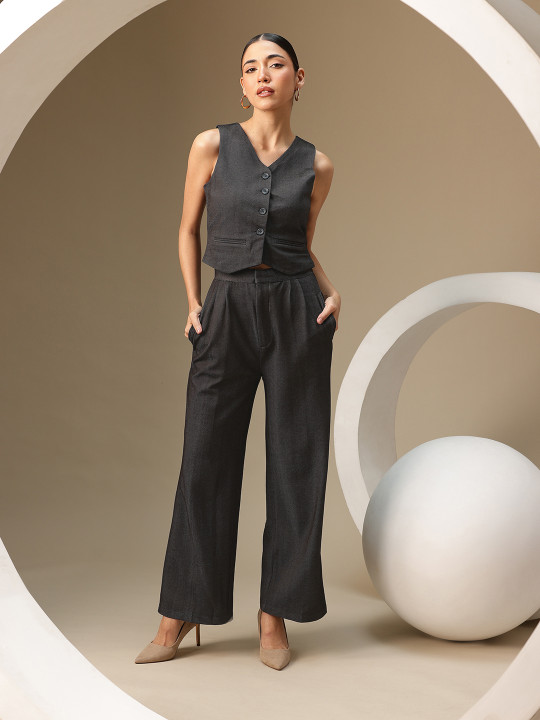 Chemistry Womens Solid Waiscoat & Trouser Co-Ord Set