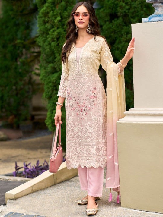 Indo Era Floral Embroidered Sequinned Straight Organza Kurta With Trousers And Dupatta