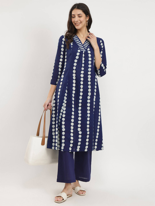 Pink Fort Women Printed Pleated Pure Cotton Kurta with Trouser