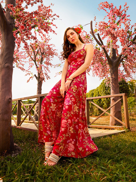 Globus Sweetheart Neck Strappy Shoulder Floral Print Ruched Fusion Jumpsuit