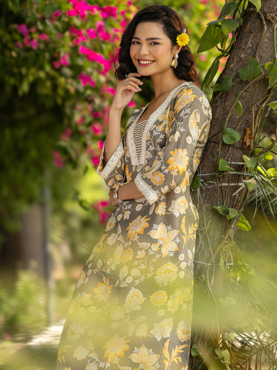 Gerua By Libas Floral Printed V-Neck Kurta With Trouser