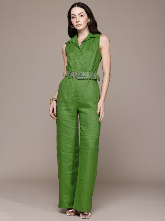 MANGO Pure Linen Basic Jumpsuit with Belt