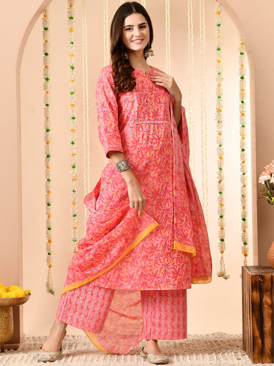 Women Floral Printed Regular Sequinned Pure Cotton Kurta with Trousers & With Dupatta