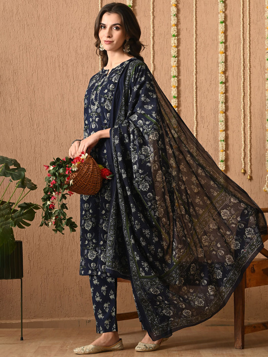 Anouk Women Floral Printed Regular Pure Cotton Kurta with Trousers & With Dupatta