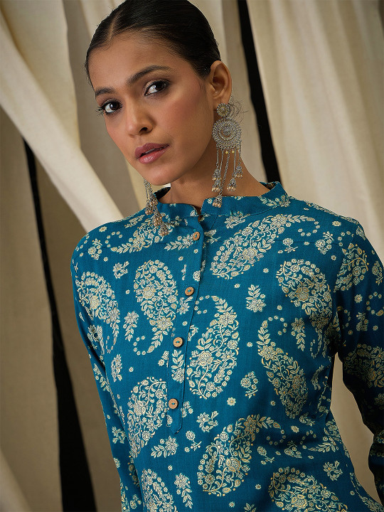 Anouk Floral Printed Mandarin Collar Straight Kurta