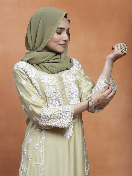 House of Chikankari Women Light Green Chanderi Chikankari Embroidered Kurta