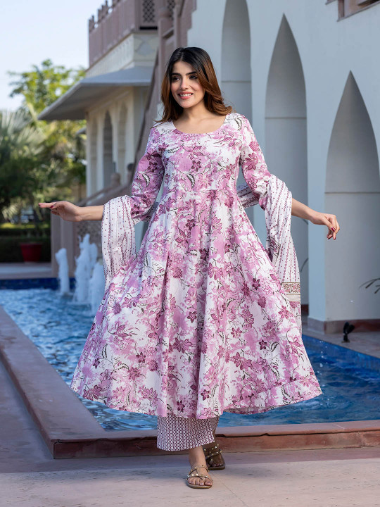 KALINI Floral Printed Anarkali Pure Cotton Kurta With Trousers And Dupatta