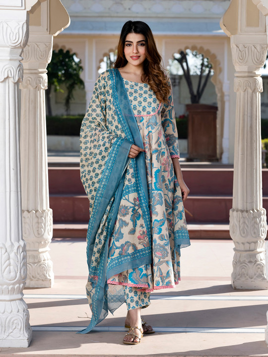 KALINI Floral Printed Round Neck Pure Cotton Anarkali Kurta with Trousers & Dupatta