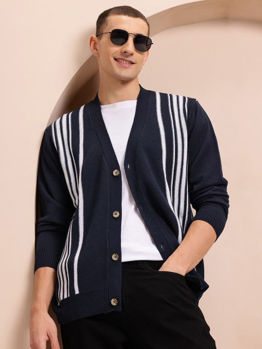 Mast & Harbour Men Striped Acrylic Cardigan