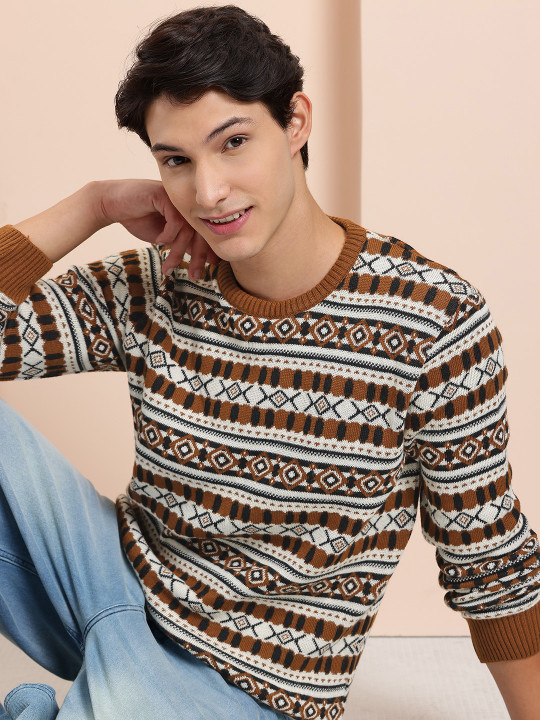 Mast & Harbour Geometric Self-Design Crew Neck Pullover