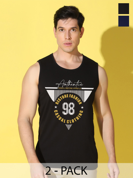 WOOSTRO Pack Of 2 Printed Combo Cotton Gym Vests VWS26(98 BLACK)(ALONE NAVY)