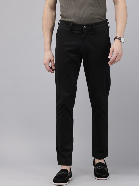 GENIPS Men Black Cotton Stretchable Caribbean Fit Mid-Rise Solid Casual Trousers