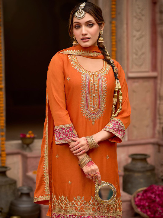 Indo Era Floral Embroidered Sequinned Chinon Straight Kurta With Trousers & Dupatta