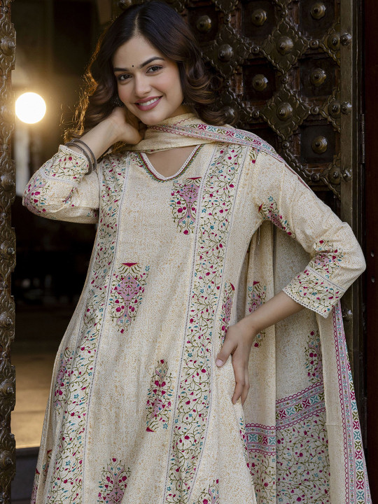Anouk Floral Printed Panelled V-Neck Pure Cotton A-Line Kurta With Palazzos & Dupatta