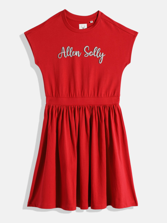 Allen Solly Junior Girls Brand Logo Printed Pure Cotton Fit & Flare Dress