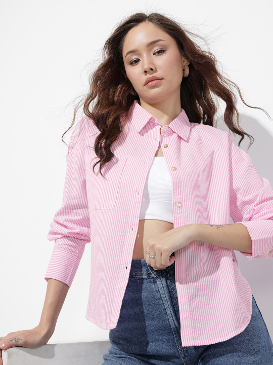 The Life Co. Oversized Striped Seersucker Pure Cotton Shirt