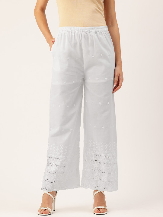FERANOID Women Pure Cotton Straight Fit Floral Embroidered Palazzos