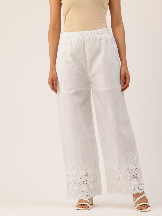 FERANOID Women Pure Cotton Straight Fit Floral Embroidered Palazzos