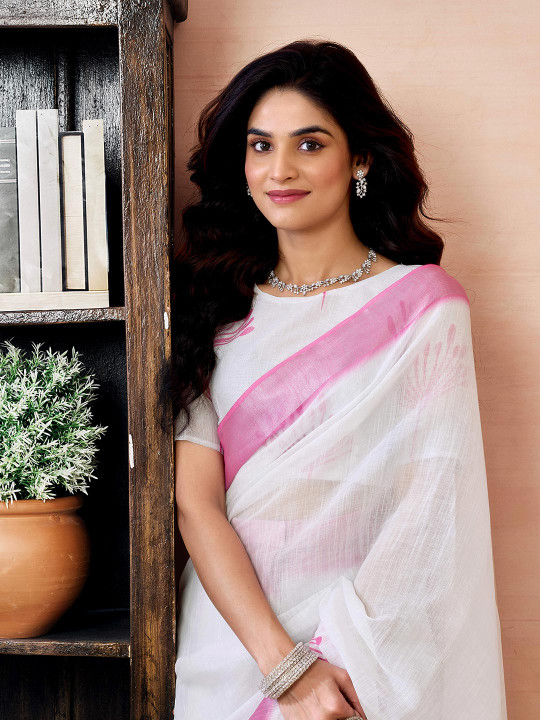Mitera Ethnic Motifs Pure Linen Ready to Wear Saree