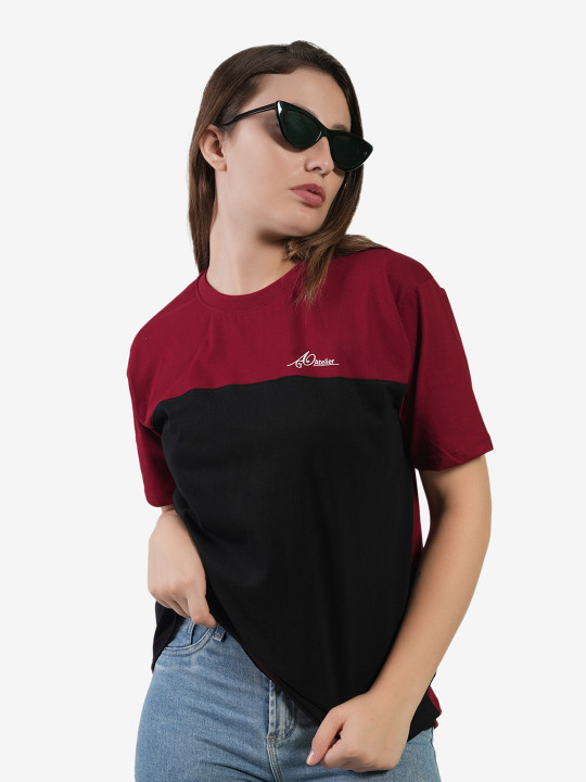 AgAtelier Women Colourblocked Round Neck Cotton T-shirt