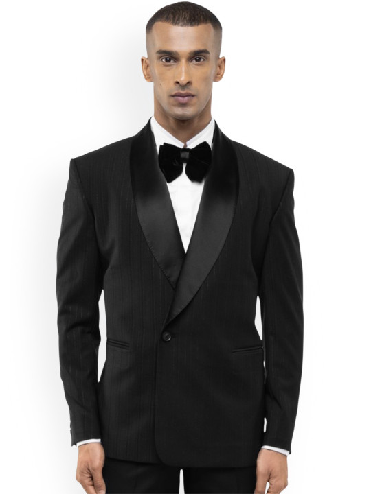 SDS By Kushal Shah Striped Shawl collar Double Breasted Tuxedo Three-Piece Suit