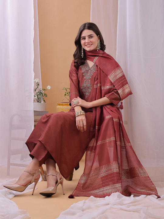 KALINI Women Ethnic Motifs Embroidered Sequinned Detail Kurta with Trousers & Dupatta